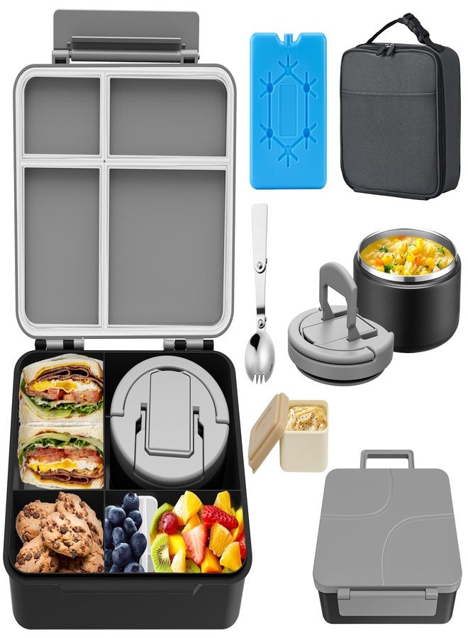 MAXSO Bento Lunch Box Set with 8 oz Soup Thermo, Kids Leakproof 4 Compartments Hot Food Container with Sauce Cup, Ice Pack and Lunch Bag, Child Insulated Food Jar for School - Black - Image 1