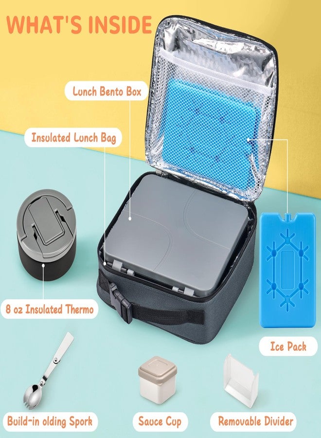 MAXSO Bento Lunch Box Set with 8 oz Soup Thermo, Kids Leakproof 4 Compartments Hot Food Container with Sauce Cup, Ice Pack and Lunch Bag, Child Insulated Food Jar for School - Black - Image 4