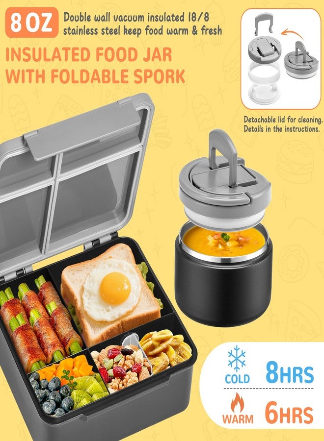 MAXSO Bento Lunch Box Set with 8 oz Soup Thermo, Kids Leakproof 4 Compartments Hot Food Container with Sauce Cup, Ice Pack and Lunch Bag, Child Insulated Food Jar for School - Black - Image 3