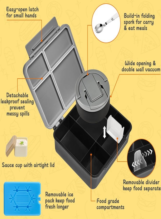 MAXSO Bento Lunch Box Set with 8 oz Soup Thermo, Kids Leakproof 4 Compartments Hot Food Container with Sauce Cup, Ice Pack and Lunch Bag, Child Insulated Food Jar for School - Black - Image 2