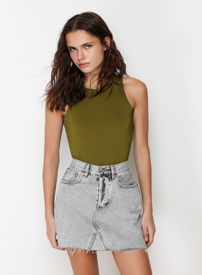 trendyol Oil Green Halter Neck Body-Smoothing Flexible Snap-Front Knitted Bodysuit  - Image 5
