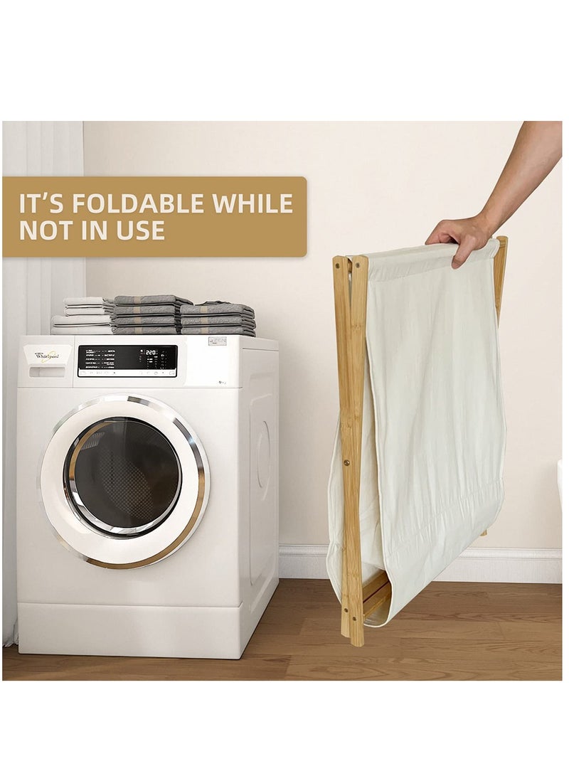 Laundry Hamper, Folding Laundry Basket with Removable Liner Bag, Bamboo Laundry Organizer for Household(Beige) - Image 3