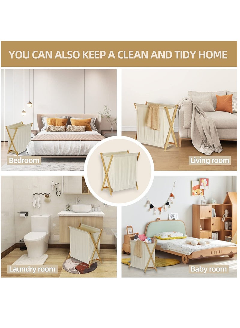 Laundry Hamper, Folding Laundry Basket with Removable Liner Bag, Bamboo Laundry Organizer for Household(Beige) - Image 5