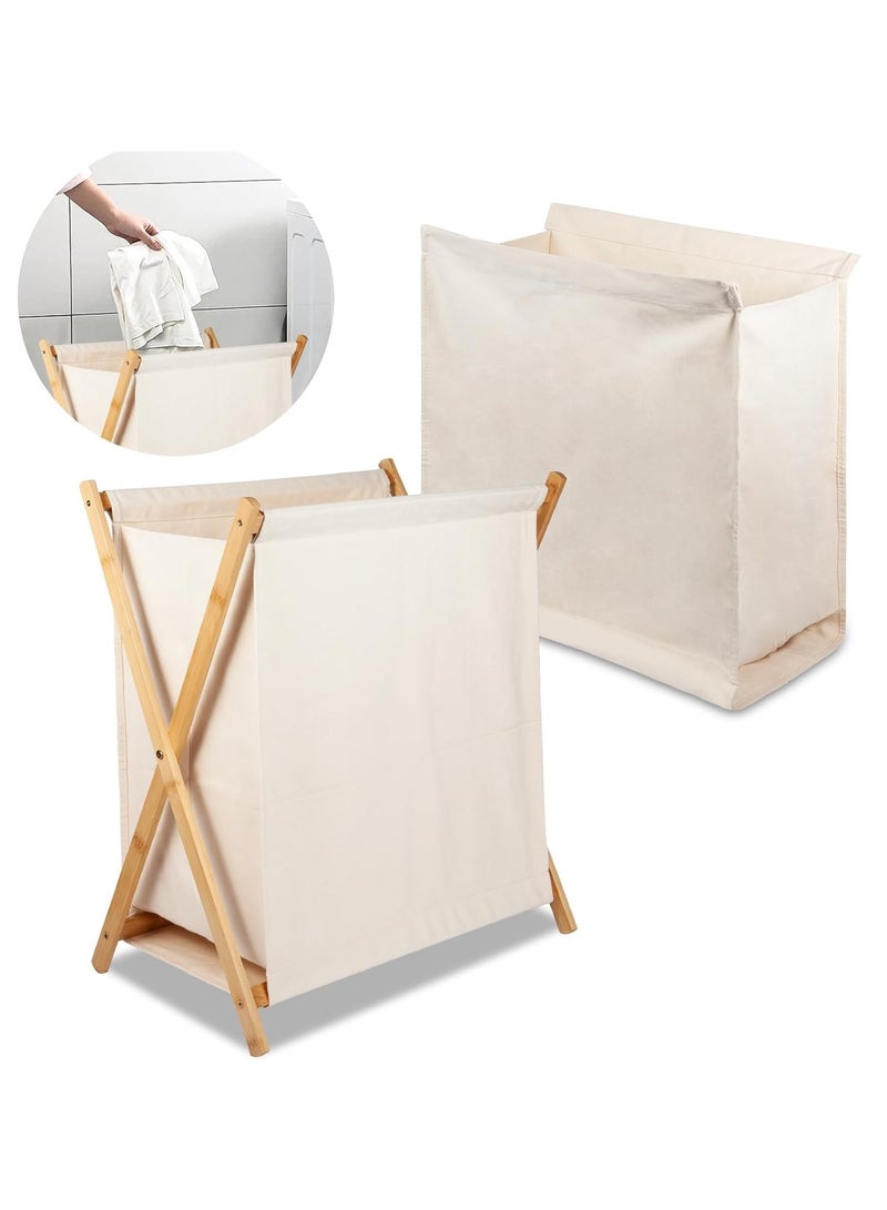 Laundry Hamper, Folding Laundry Basket with Removable Liner Bag, Bamboo Laundry Organizer for Household(Beige) - Image 1