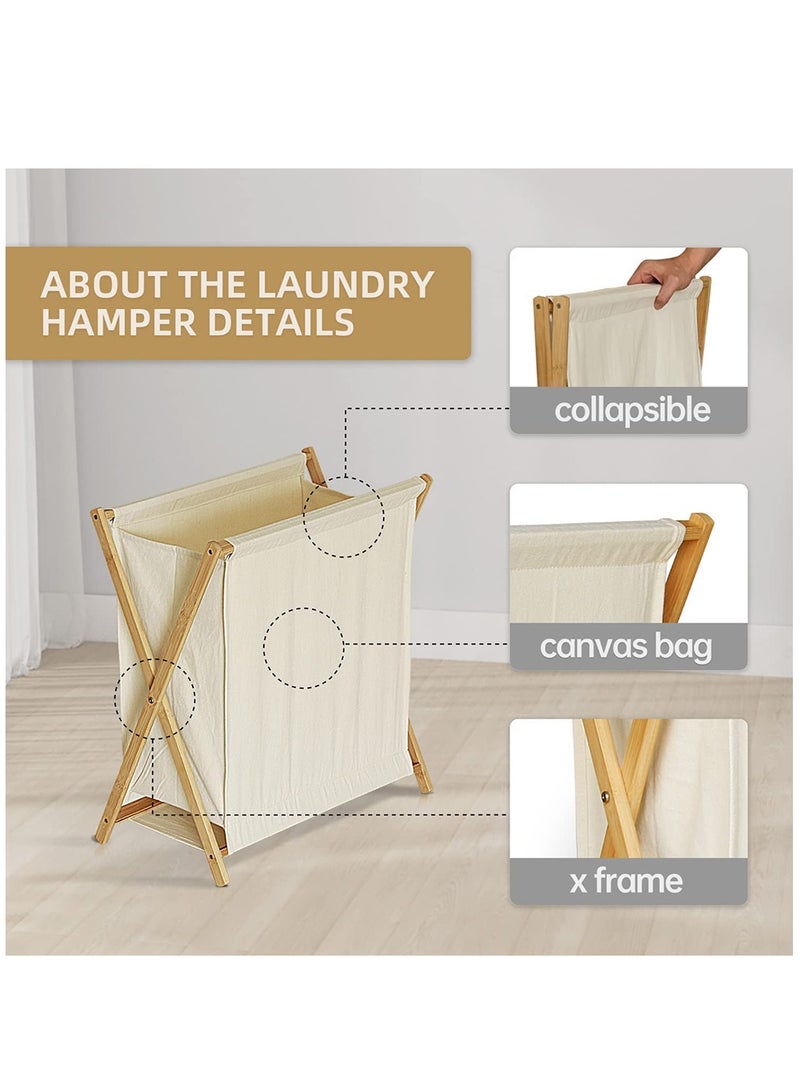 Laundry Hamper, Folding Laundry Basket with Removable Liner Bag, Bamboo Laundry Organizer for Household(Beige) - Image 2
