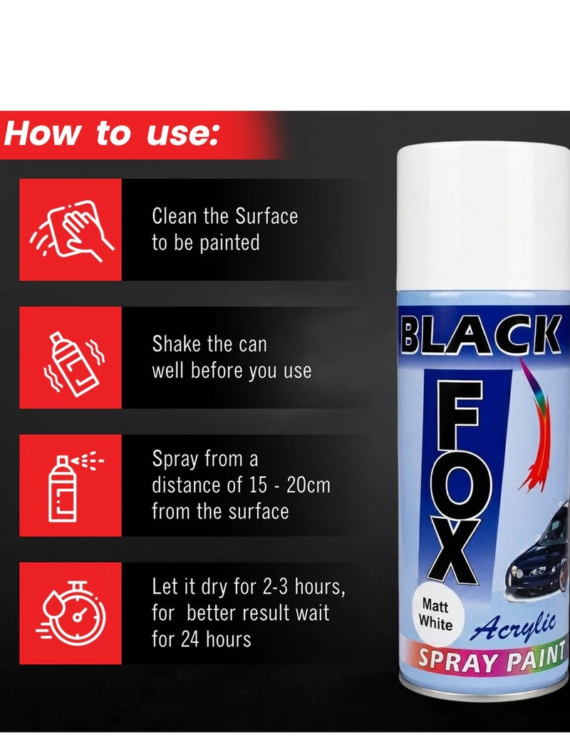 بلاك فوكس طلاء بخاخ أكريليك "بلاك فوكس" (BLACK FOX) باللون الأبيض المطفي (400 مل) - طلاء سريع الجفاف ومتعدد الأسطح (للمعدن، الخشب، الزجاج، القماش، الأثاث، والجدران) - مثالي للأعمال اليدوية، وتعديلات السيارات، واللمسات النهائية الملساء - حماية وتزيين للأسطح الداخلية والخارجية. - Image 5