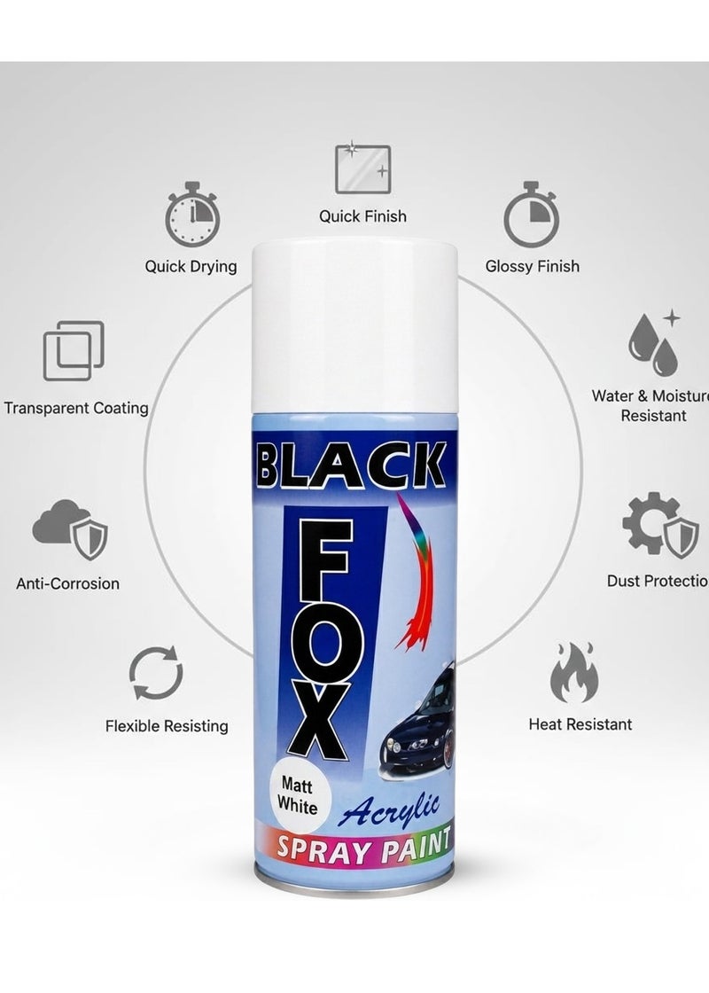 بلاك فوكس طلاء بخاخ أكريليك "بلاك فوكس" (BLACK FOX) باللون الأبيض المطفي (400 مل) - طلاء سريع الجفاف ومتعدد الأسطح (للمعدن، الخشب، الزجاج، القماش، الأثاث، والجدران) - مثالي للأعمال اليدوية، وتعديلات السيارات، واللمسات النهائية الملساء - حماية وتزيين للأسطح الداخلية والخارجية. - Image 3