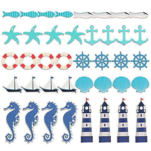 Maitys 40 Pieces Coastal Cruise Ship Miniature Beach Themed Arts and Crafts Wood Anchor Decor Steering Wheel Lighthouse Starfish Seashell Seahorse Sailboat Wall Decor for Home Wall Decor Crafts - Image 1