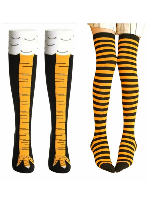 Long socks with chicken legs and bee design, 2 pieces