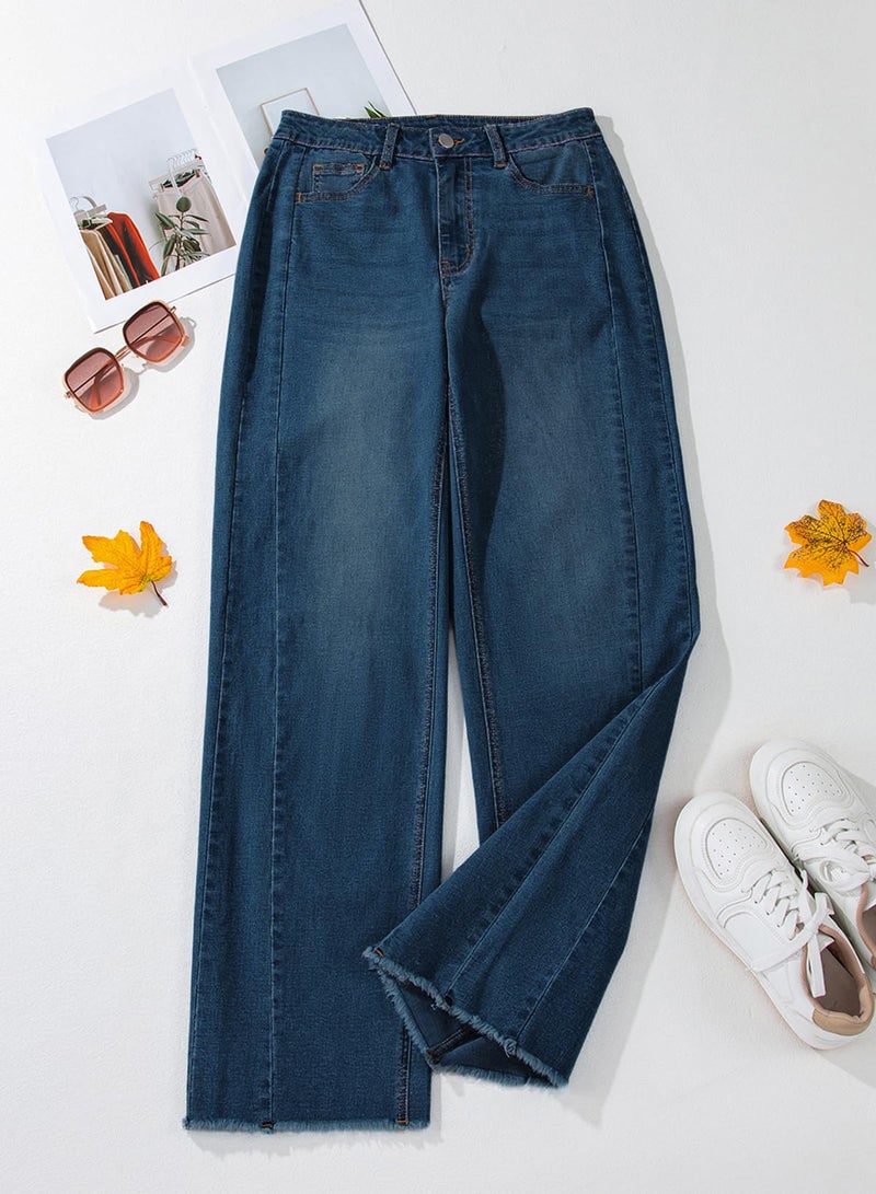 Sidefeel Women's High Waisted Baggy Jeans Stretchy Raw Hem Straight Leg Denim Pants Size 10 Vintage Blue - Image 3