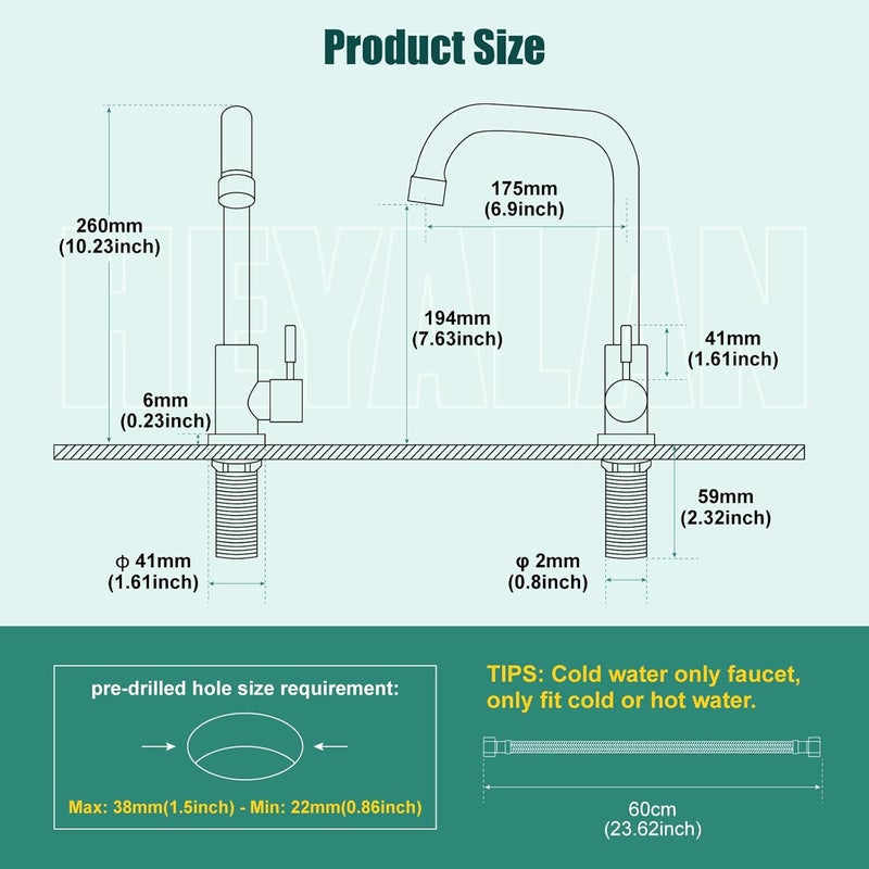 Heyalan Matte Black Faucet Cold Water Only Single Lever Handle SUS304 Sink Bar Tap 360 Degree Swivel Spout Decked Mounted Longer Thread Pipe - Image 2