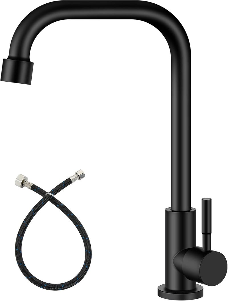 Heyalan Matte Black Faucet Cold Water Only Single Lever Handle SUS304 Sink Bar Tap 360 Degree Swivel Spout Decked Mounted Longer Thread Pipe - Image 1