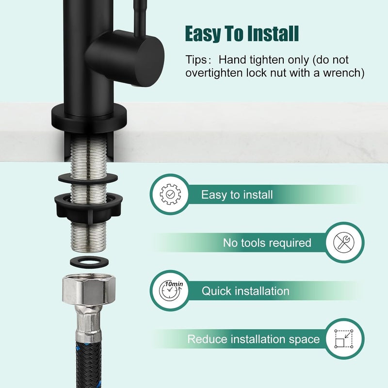 Heyalan Matte Black Faucet Cold Water Only Single Lever Handle SUS304 Sink Bar Tap 360 Degree Swivel Spout Decked Mounted Longer Thread Pipe - Image 4
