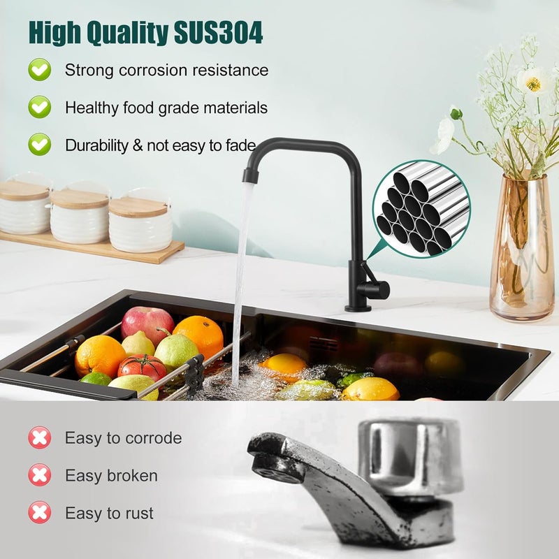 Heyalan Matte Black Faucet Cold Water Only Single Lever Handle SUS304 Sink Bar Tap 360 Degree Swivel Spout Decked Mounted Longer Thread Pipe - Image 5