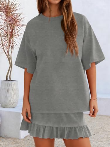 Yousify 2 Piece Sets for Women Summer Grey Lounge Matching Skirt Sets Airport Vacation Outfits Spring Fashion Clothes L - Image 3