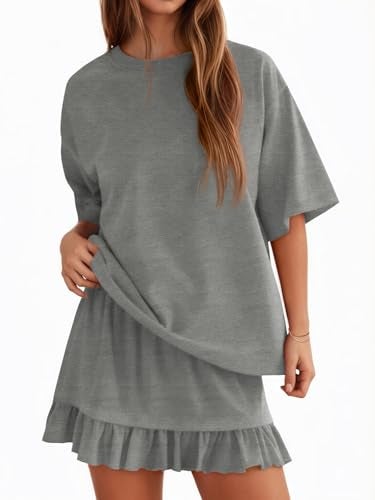 Yousify 2 Piece Sets for Women Summer Grey Lounge Matching Skirt Sets Airport Vacation Outfits Spring Fashion Clothes L - Image 1