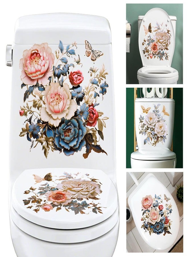 DRWSSR 3 Sheets Toilet Seat Lid Stickers Gold Peony Butterflies Bathroom Toilet Seat Lid Cover Decals DIY Removable Bouquet Stickers for Cistern Bathroom WC Restroom Power Switch Home Decor (B) - Image 1