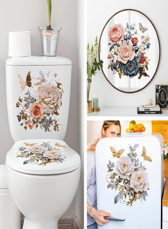 DRWSSR 3 Sheets Toilet Seat Lid Stickers Gold Peony Butterflies Bathroom Toilet Seat Lid Cover Decals DIY Removable Bouquet Stickers for Cistern Bathroom WC Restroom Power Switch Home Decor (B) - Image 5