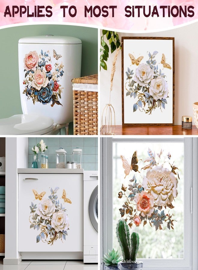 DRWSSR 3 Sheets Toilet Seat Lid Stickers Gold Peony Butterflies Bathroom Toilet Seat Lid Cover Decals DIY Removable Bouquet Stickers for Cistern Bathroom WC Restroom Power Switch Home Decor (B) - Image 4