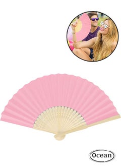 Ocean Paper Folding Fans, Chinese Bamboo Paper Pocket Fan, Vintage Handheld Fan, Handmade DIY Folding Fan for Wedding Gift, Party, DIY, Home Decoration, Pink  - Image 1