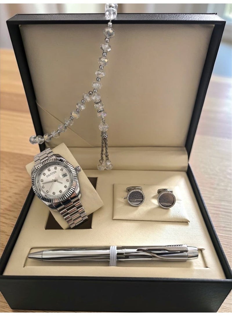 كريتر  طقم رجالي فاخر يتكون من ساعة تصميم ملكي من الستانلس ستيل، مينا كلاسيكي مع عرض التاريخ مقاومة للماء وسبحة وقلم وازرار اكمام - Image 1