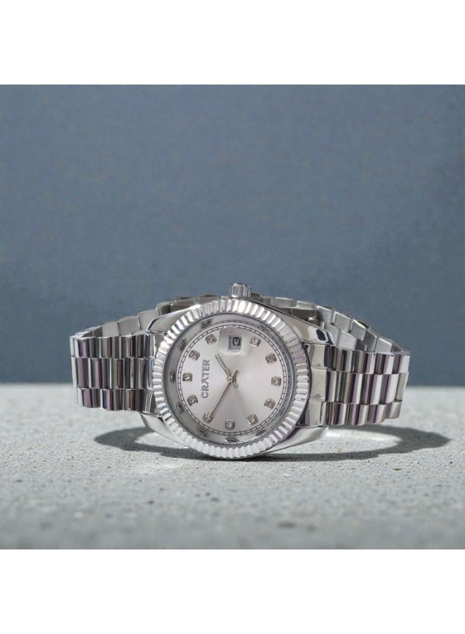 كريتر  طقم رجالي فاخر يتكون من ساعة تصميم ملكي من الستانلس ستيل، مينا كلاسيكي مع عرض التاريخ مقاومة للماء وسبحة وقلم وازرار اكمام - Image 2