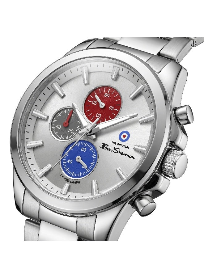 Ben Sherman Oxford Silver Dial Stainless Steel Bracelet Chronograph Watch for Men, 44mm - Image 2