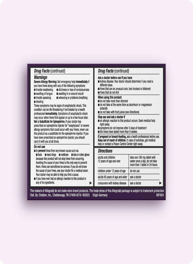 Allegra Hives Antihistamine 24-Hour Tablets, Non-Drowsy Hive Reduction and Hive Itch Relief, 180 mg Fexofenadine HCI, 30-Count - Image 2