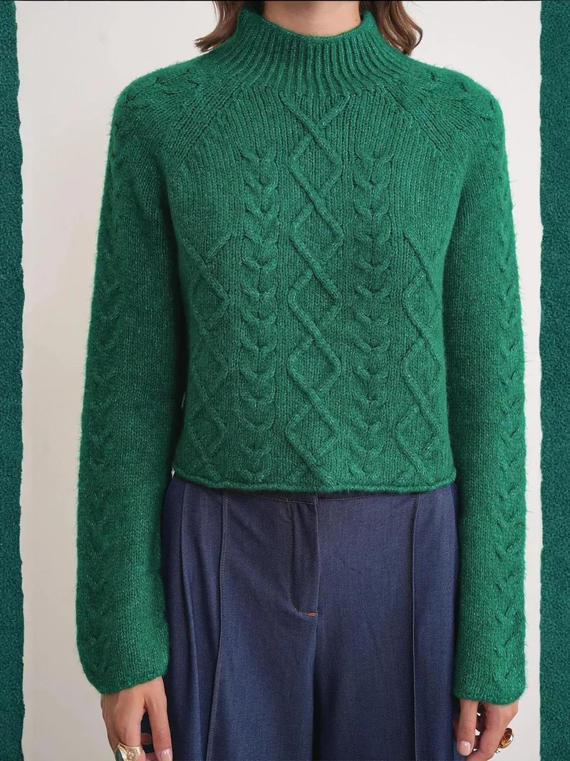 Mixray Green Mixray Argyle Half-Turtleneck Ribbed Knit Sweater for Women | Best Price UAE