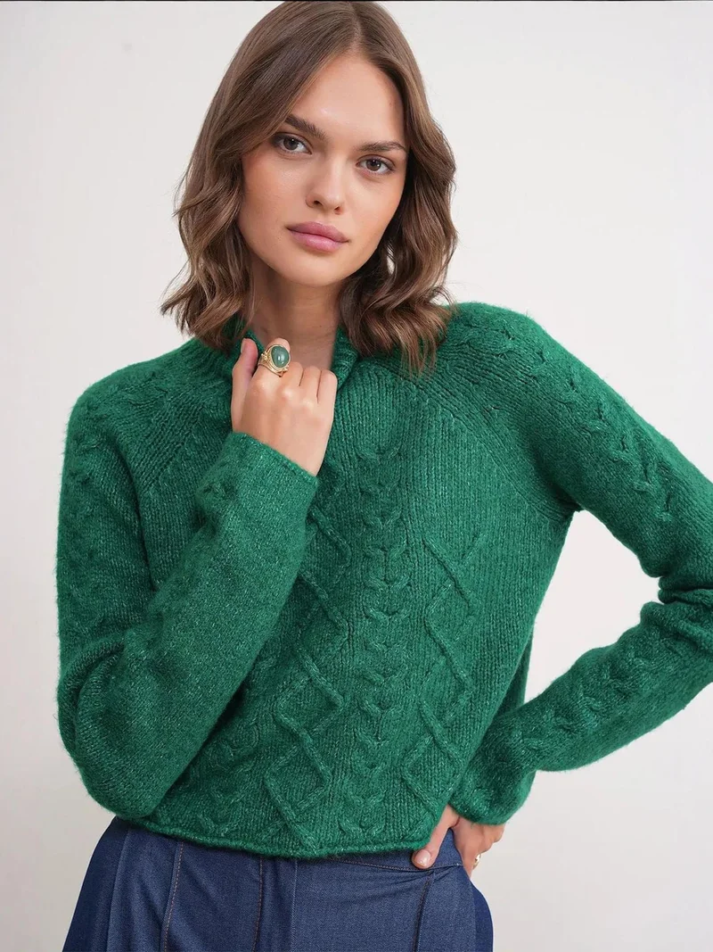 Mixray Green Mixray Argyle Half-Turtleneck Ribbed Knit Sweater for Women | Best Price UAE