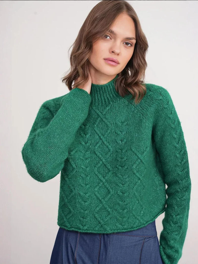 Mixray Green Mixray Argyle Half-Turtleneck Ribbed Knit Sweater for Women | Best Price UAE