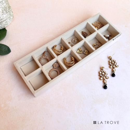La Trove 12 Grid Jewelry Organizer Tray for Rings, Earrings, Chains & Bracelets | Velvet Jewellery Storage Tray for Wardrobe Drawer & Dressing Table | Cream - Image 2