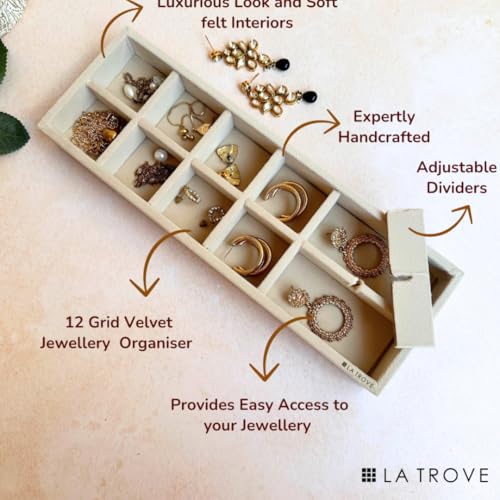 La Trove 12 Grid Jewelry Organizer Tray for Rings, Earrings, Chains & Bracelets | Velvet Jewellery Storage Tray for Wardrobe Drawer & Dressing Table | Cream - Image 3