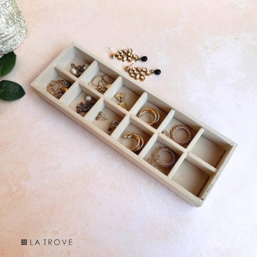 La Trove 12 Grid Jewelry Organizer Tray for Rings, Earrings, Chains & Bracelets | Velvet Jewellery Storage Tray for Wardrobe Drawer & Dressing Table | Cream - Image 5