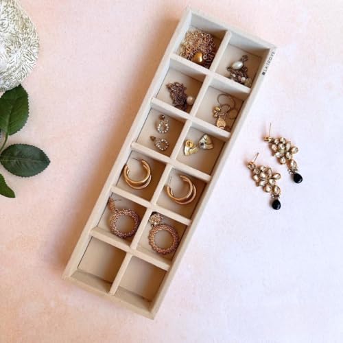 La Trove 12 Grid Jewelry Organizer Tray for Rings, Earrings, Chains & Bracelets | Velvet Jewellery Storage Tray for Wardrobe Drawer & Dressing Table | Cream - Image 1