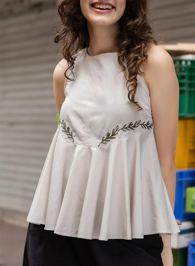 Zigzag Half Peplumed Sleeveless Embroidered Top