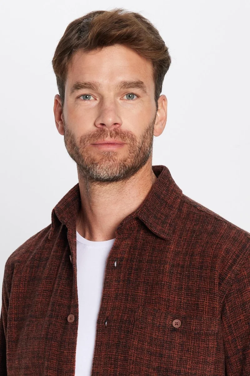 Tudors Men's Classic Fit Regular Cut Lumberjack Single Pocket Dobby Winter Brown Shirt