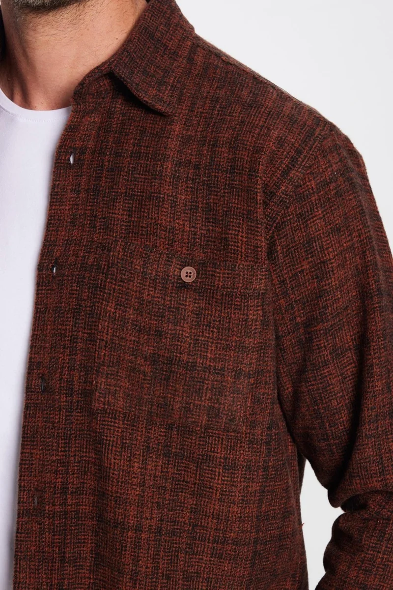 Tudors Men's Classic Fit Regular Cut Lumberjack Single Pocket Dobby Winter Brown Shirt