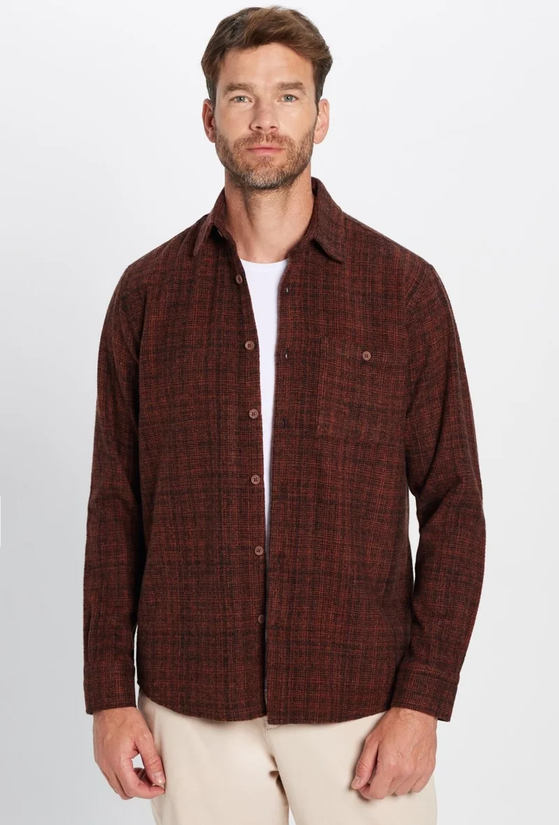 Tudors Men's Classic Fit Regular Cut Lumberjack Single Pocket Dobby Winter Brown Shirt