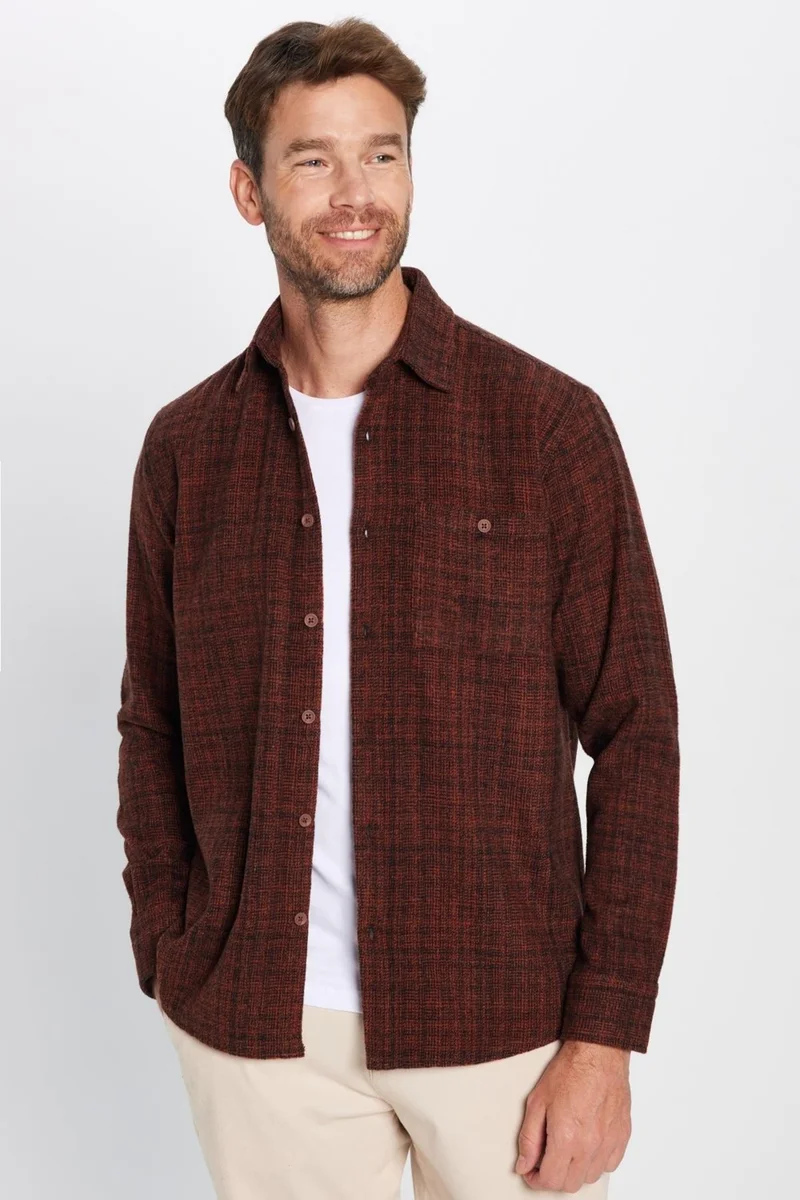 Tudors Men's Classic Fit Regular Cut Lumberjack Single Pocket Dobby Winter Brown Shirt