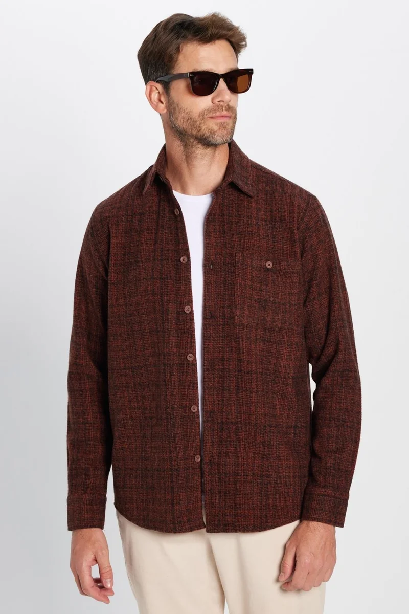 Tudors Men's Classic Fit Regular Cut Lumberjack Single Pocket Dobby Winter Brown Shirt