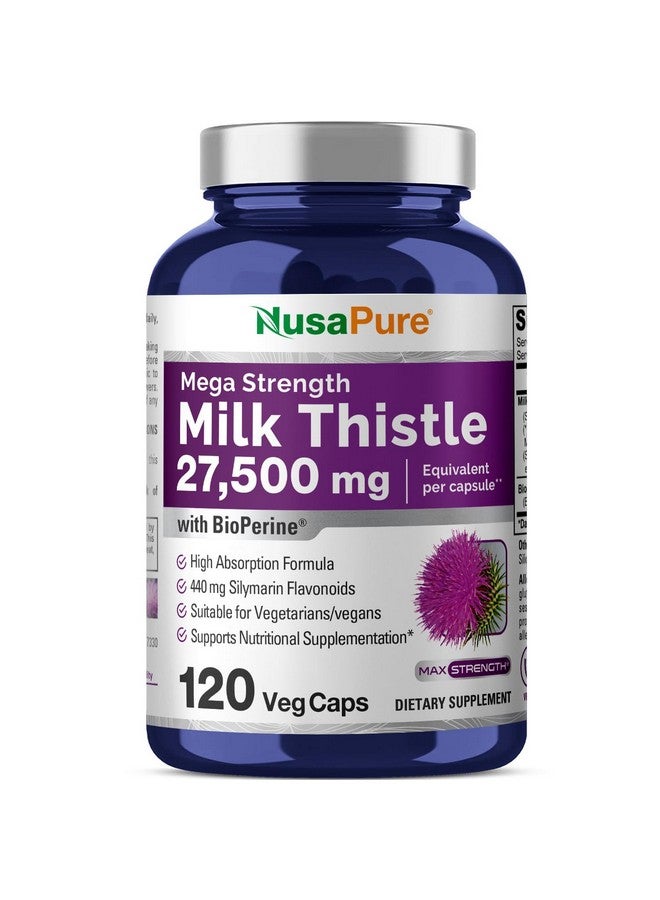 NusaPure نوسابور مستخلص شوك الحليب 27,500 ملغ 120 كبسولة نباتية (50:1 مستخلص، غير معدلة وراثيًا، نباتية) أقصى قوة - موحدة 80% سيليمارين، بيوبيرين - Image 1