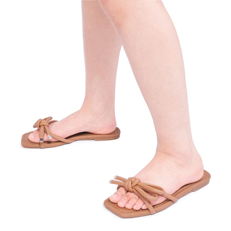 FITORY Women's Flat Sandals Square Open Toe Thong with Cute Knot for Summer Size 8 Camel - Image 2