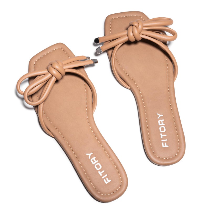 FITORY Women's Flat Sandals Square Open Toe Thong with Cute Knot for Summer Size 8 Camel - Image 1