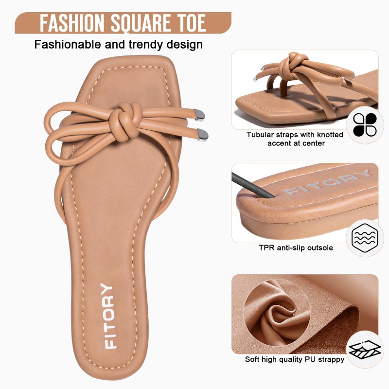 FITORY Women's Flat Sandals Square Open Toe Thong with Cute Knot for Summer Size 8 Camel - Image 4