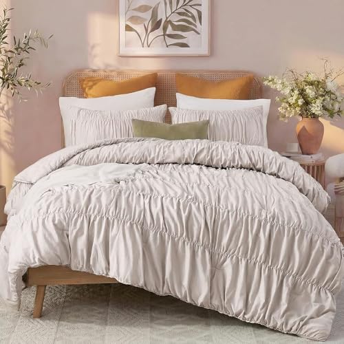 Bedbay Cotton Ruched Comforter for Queen Size Bed,Breathable Cotton Boho Queen Comforter Set,Shabby Chic Ruffle Bedding Vintage Farmhouse Quilt Set,Soft Durable 3 Pcs Fluffy Bedroom Comforter - Image 1