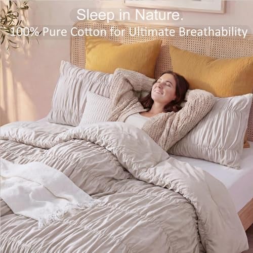 Bedbay Cotton Ruched Comforter for Queen Size Bed,Breathable Cotton Boho Queen Comforter Set,Shabby Chic Ruffle Bedding Vintage Farmhouse Quilt Set,Soft Durable 3 Pcs Fluffy Bedroom Comforter - Image 3
