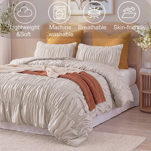 Bedbay Cotton Ruched Comforter for Queen Size Bed,Breathable Cotton Boho Queen Comforter Set,Shabby Chic Ruffle Bedding Vintage Farmhouse Quilt Set,Soft Durable 3 Pcs Fluffy Bedroom Comforter - Image 5