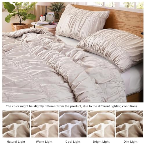 Bedbay Cotton Ruched Comforter for Queen Size Bed,Breathable Cotton Boho Queen Comforter Set,Shabby Chic Ruffle Bedding Vintage Farmhouse Quilt Set,Soft Durable 3 Pcs Fluffy Bedroom Comforter - Image 4