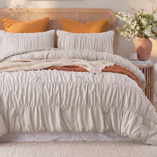 Bedbay Cotton Ruched Comforter for Queen Size Bed,Breathable Cotton Boho Queen Comforter Set,Shabby Chic Ruffle Bedding Vintage Farmhouse Quilt Set,Soft Durable 3 Pcs Fluffy Bedroom Comforter - Image 2